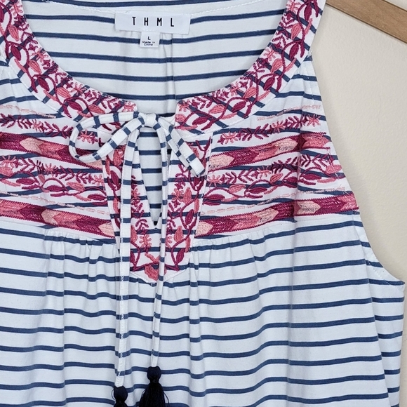 THML | Blue & White Striped Tank Top with Red Pink Embroidery Size Large - Picture 2 of 6